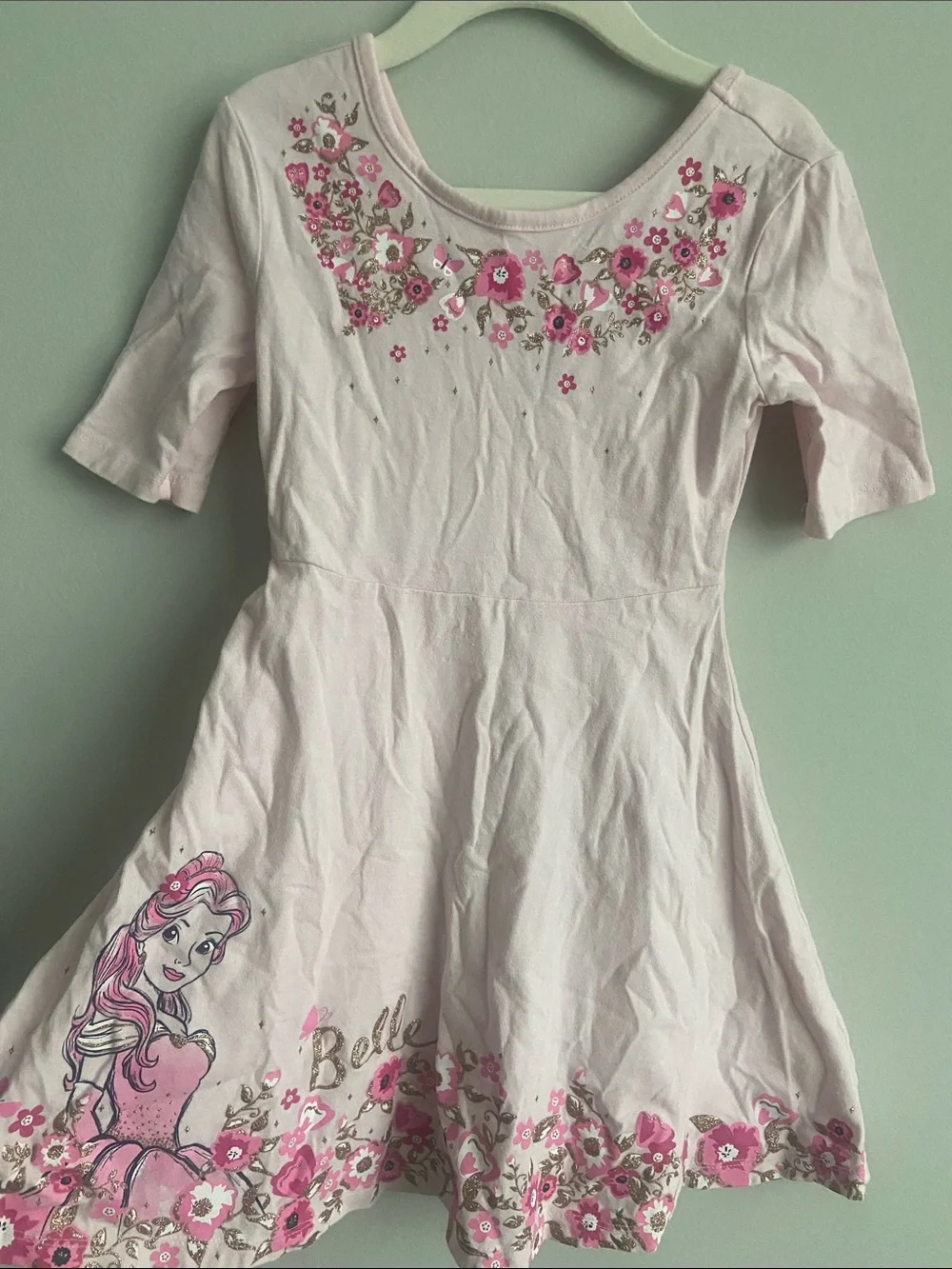 Disney Jumping Beans Belle cotton dress size 5 girls gold pink white